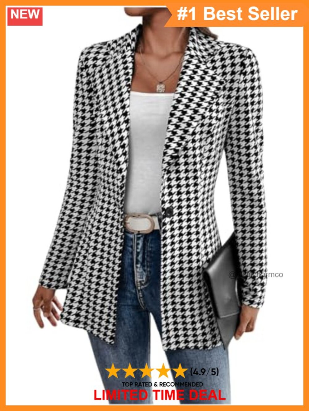 Womens Houndstooth Plaid Long Sleeve Blazer Slim Fit Business Casual